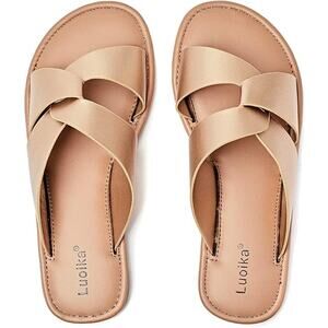 Luoika Womens Size 9W Wide Gold Criss Cross Flat Slide On Sandal Strappy Shoes